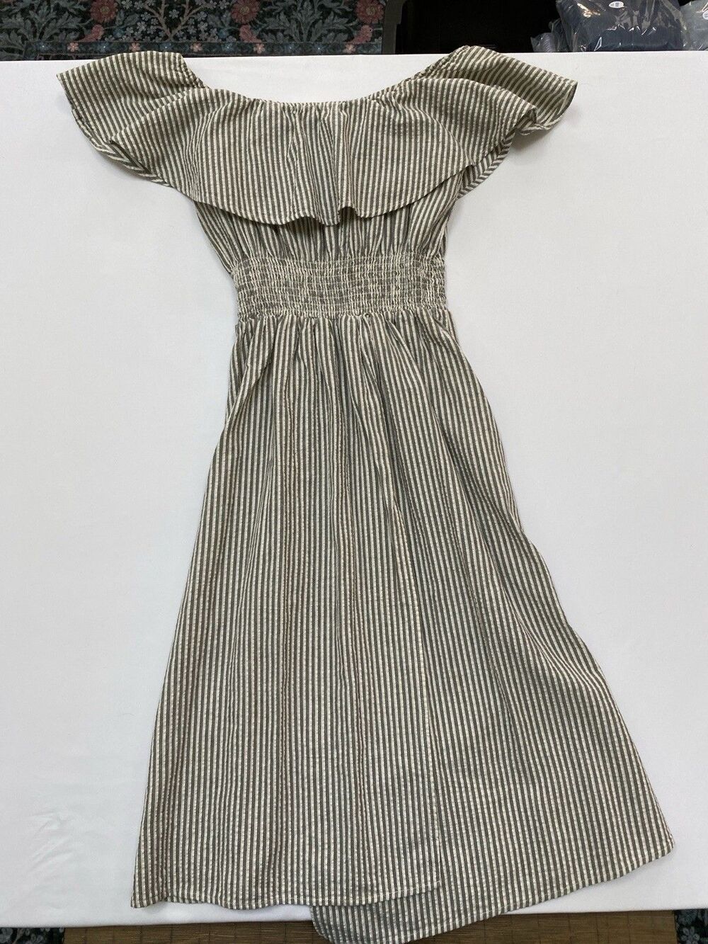 Zara Basic Off The Shoulder Smocked Stripe Midi Dress Size L Cottagecore